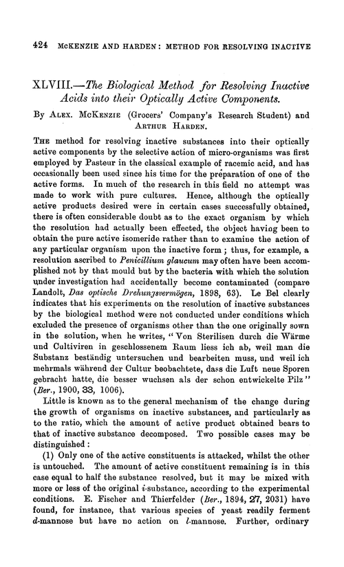 XLVIII.—The biological method for resolving inactive acids into their optically active components