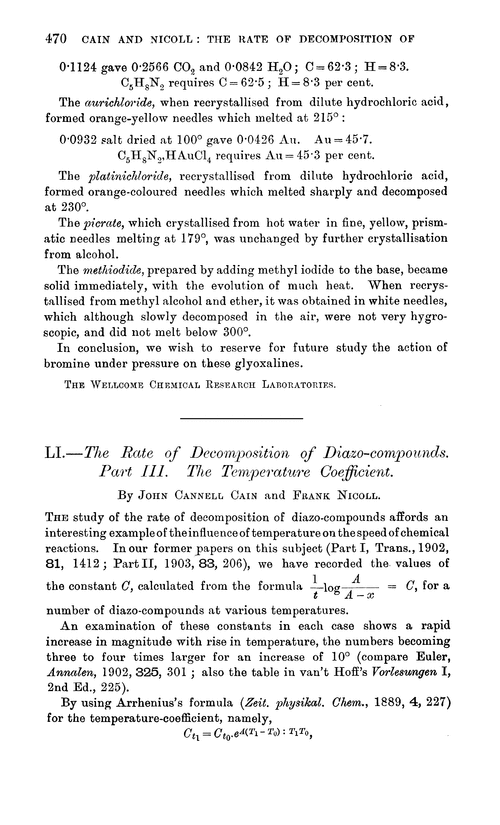 LI.—The rate of decomposition of diazo-compounds. Part III. The temperature coefficient