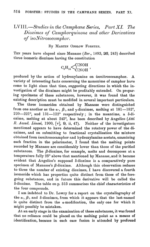 LVIII.—Studies in the camphane series. Part XI. The dioximes of camphorquinone and other derivatives of isonitrosocamphor