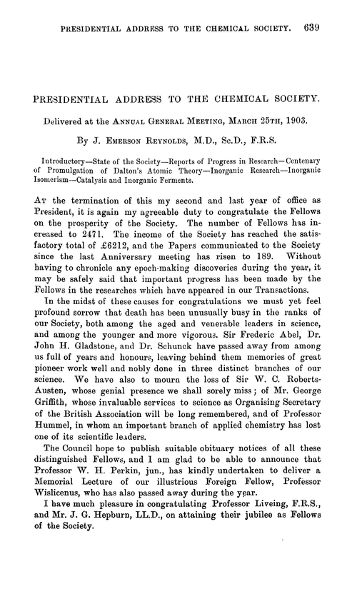 Presidential address to the Chemical Society