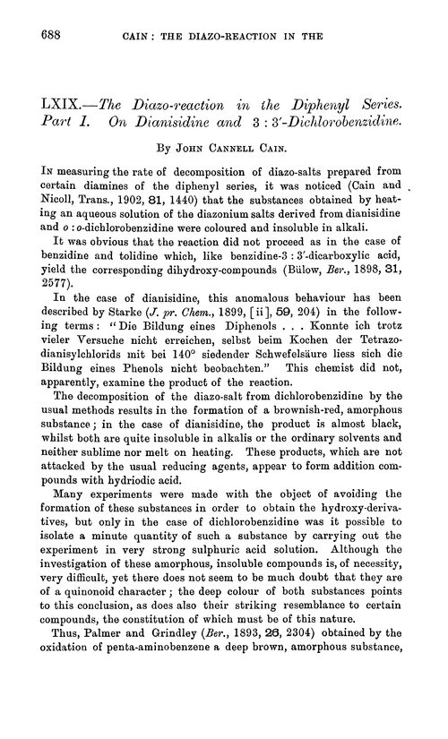 LXIX.—The diazo-reaction in the diphenyl series. Part I. On dianisidine and 3 : 3′-dichlorobenzidine