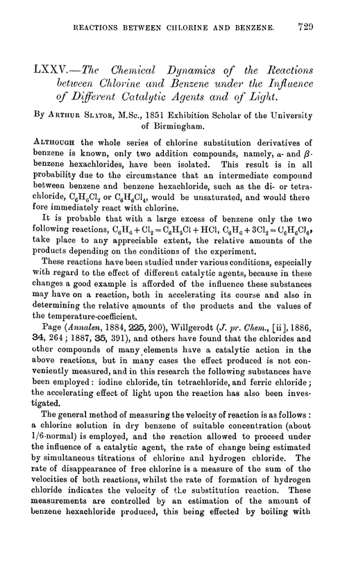 LXXV.—The chemical dynamics of the reactions between chlorine and benzene under the influence of different catalytic agents and of light