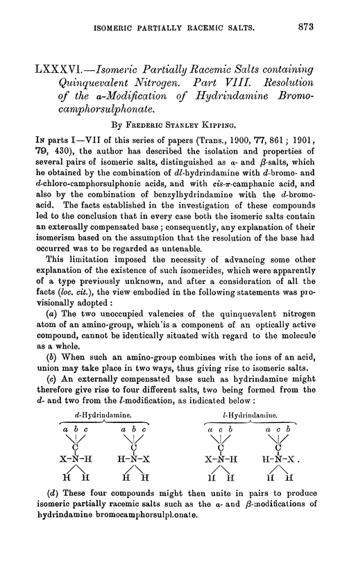 LXXXVI.—Isomeric partially racemic salts containing quinquevalent nitrogen. Part VIII. Resolution of the α-modification of hydrindamine bromocamphorsulphonate