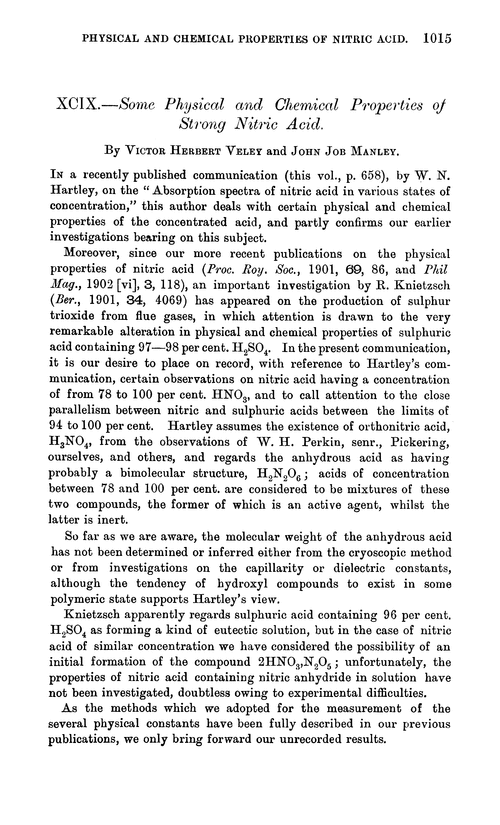 XCIX.—Some physical and chemical properties of strong nitric acid