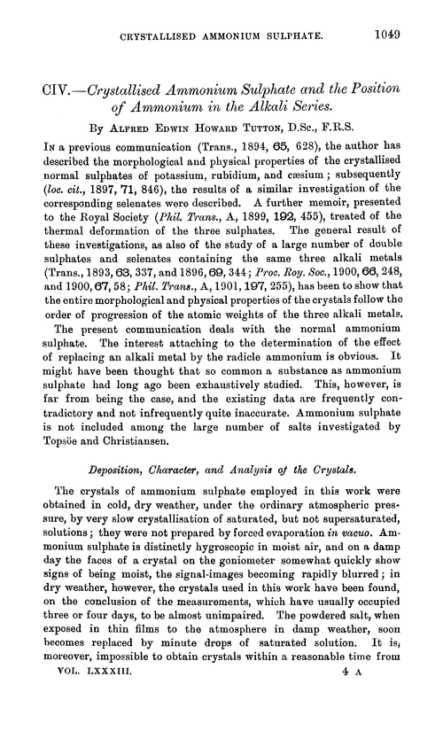CIV.—Crystallised ammonium sulphate and the position of ammonium in the alkali series