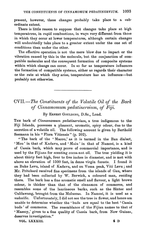 CVII.—The constituents of the volatile oil of the bark of Cinnamomum pedatinervium, of Fiji