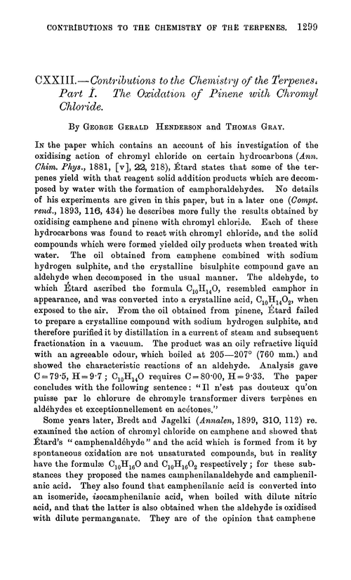 CXXIII.—Contributions to the chemistry of the terpenes. Part I. The oxidation of pinene with chromyl chloride