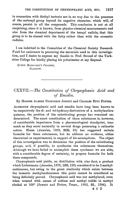 CXXVII.—The constitution of chrysophanic acid and of emodin