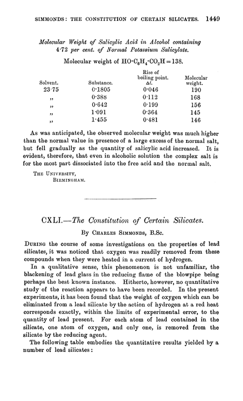 CXLI.—The constitution of certain silicates