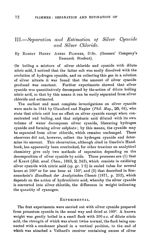 III.—Separation and estimation of silver cyanide and silver chloride