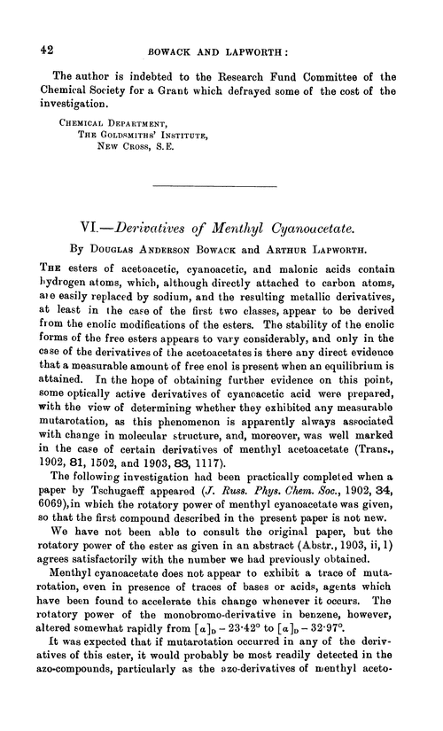 VI.—Derivatives of menthyl cyanoacetate