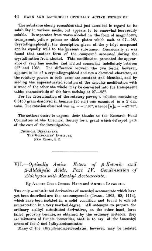 VII.—Optically active esters of β-ketonic and β-aldehydic acids. Part IV. Condensation of aldehydes with menthyl acetoacetate