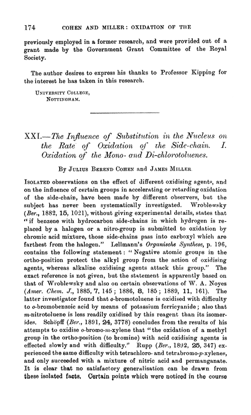 XXI.—The influence of substitution in the nucleus on the rate of oxidation of the side-chain. I. Oxidation of the mono- and di-chlorotoluenes
