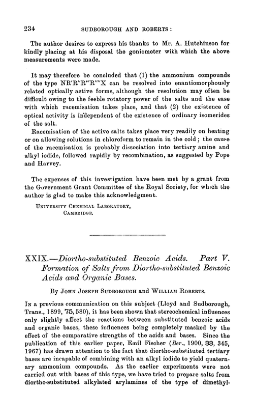 XXIX.—Diortho-substituted benzoic acids. Part V. Formation of salts from diortho-substituted benzoic acids and organic bases