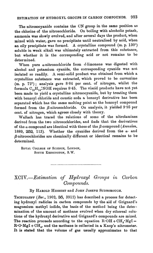 XCIV.—Estimation of hydroxyl groups in carbon compounds