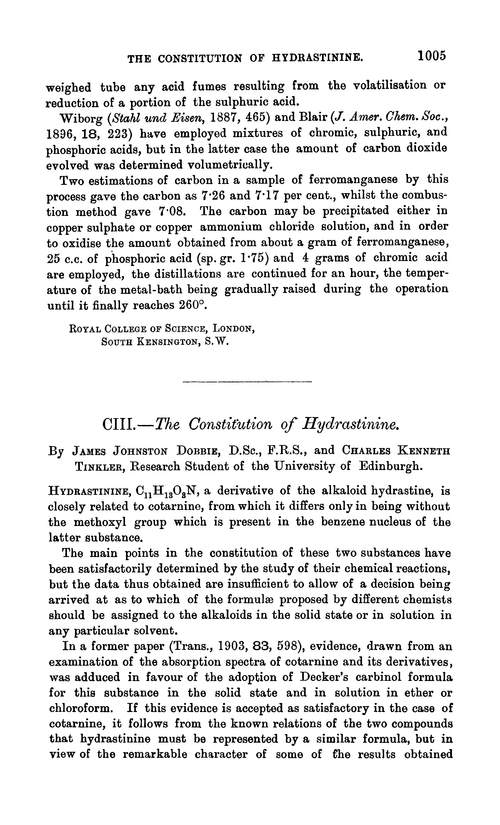 CIII.—The constitution of hydrastinine