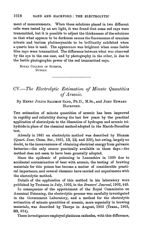 CV.—The electrolytic estimation of minute quantities of arsenic