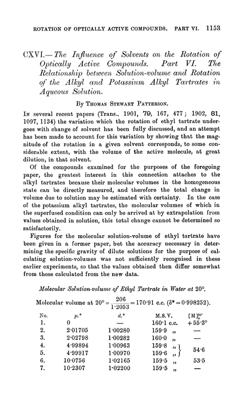 CXVI.—The influence of solvents on the rotation of optically active compounds. Part VI. The relationship between solution-volume and rotation of the alkyl and potassium alkyl tartrates in aqueous solution