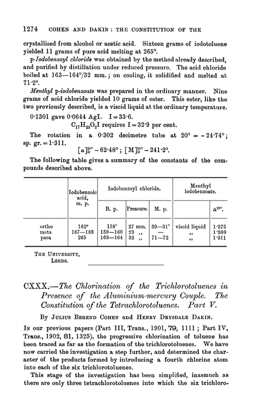 CXXX.—The chlorination of the trichlorotoluenes in presence of the aluminium-mercury couple. The constitution of the tetrachlorotoluenes. Part V