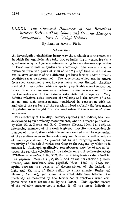 CXXXI.—The chemical dynamics of the reactions between sodium thiosulphate and organic halogen compounds. Part I. Alkyl haloids