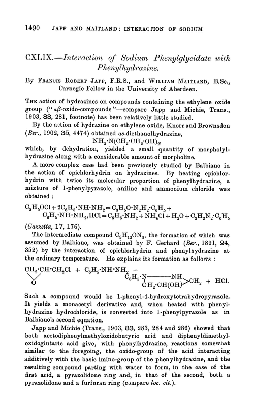 CXLIX.—Interaction of sodium phenylglycidate with phenylhydrazine