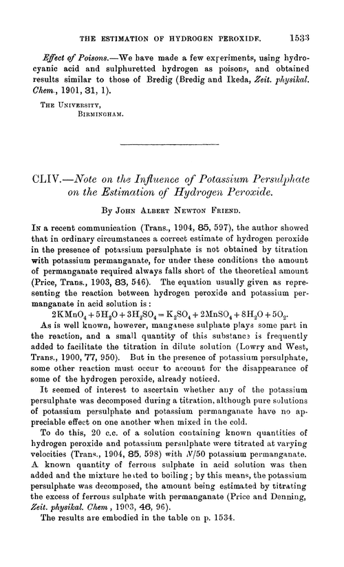 CLIV.—Note on the influence of potassium persulphate on the estimation of hydrogen peroxide
