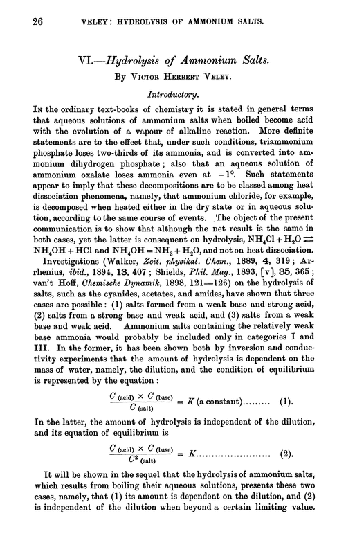 VI.—Hydrolysis of ammonium salts