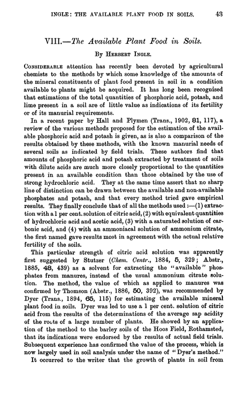 VIII.—The available plant food in soils