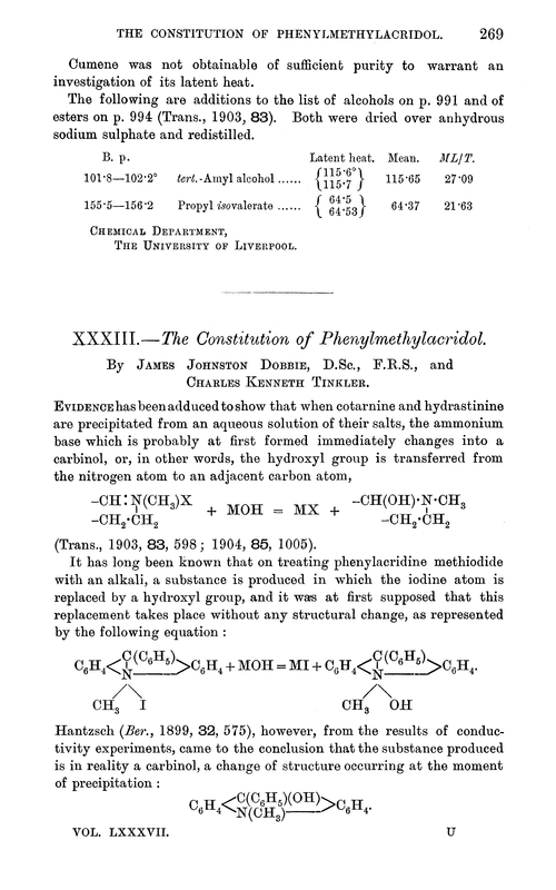 XXXIII.—The constitution of phenylmethylacridol