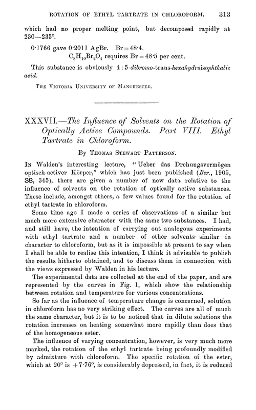 XXXVII.—The influence of solvents on the rotation of optically active compounds. Part VIII. Ethyl tartrate in chloroform