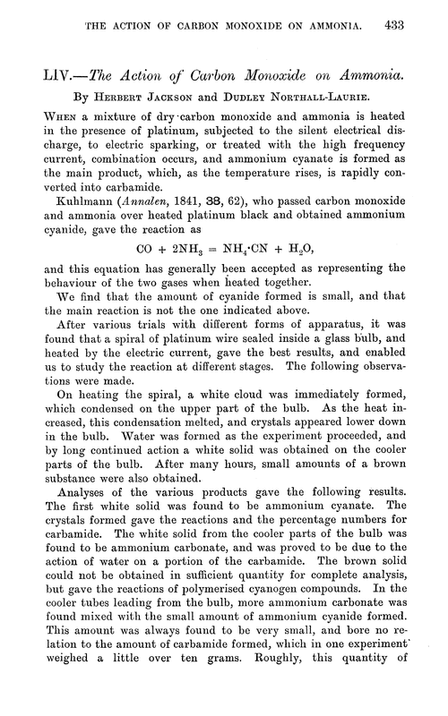LIV.—The action of carbon monoxide on ammonia