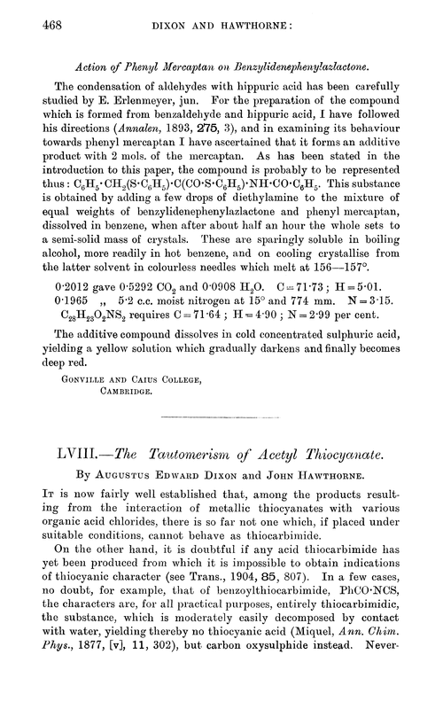 LVIII.—The tautomerism of acetyl thiocyanate