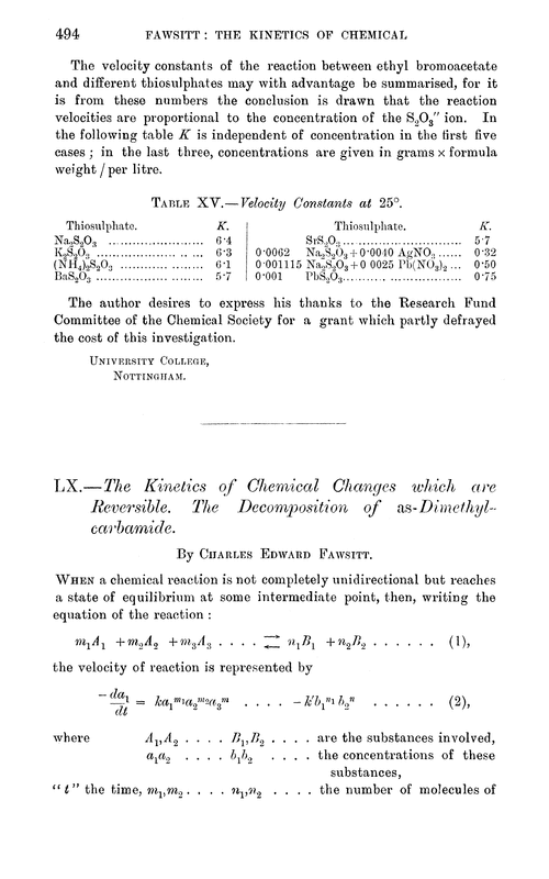 LX.—The kinetics of chemical changes which are reversible. The decomposition of as-dimethylcarbamide