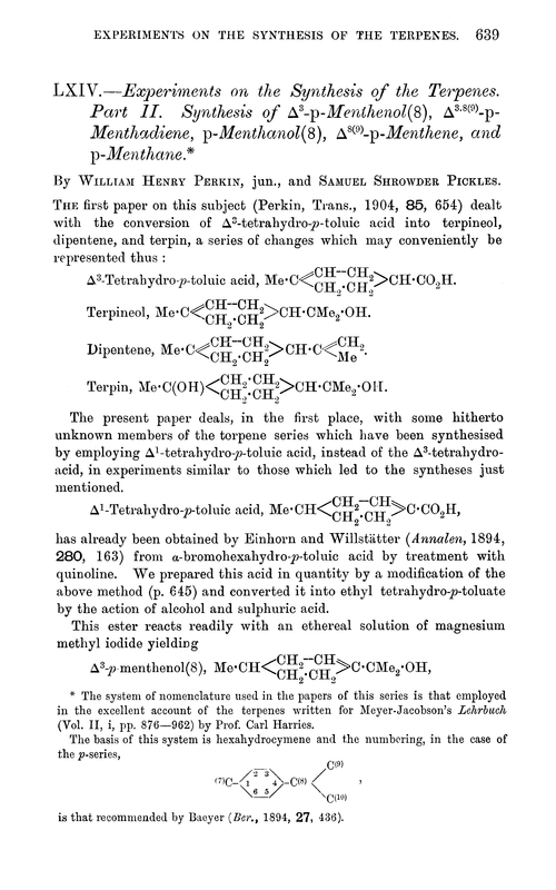 LXIV.—Experiments on the synthesis of the terpenes. Part II. Synthesis of Δ3-p-menthenol(8), Δ3.8(9)-p-menthadiene, p-menthanol(8), Δ8(9)-p-menthene, and p-menthane