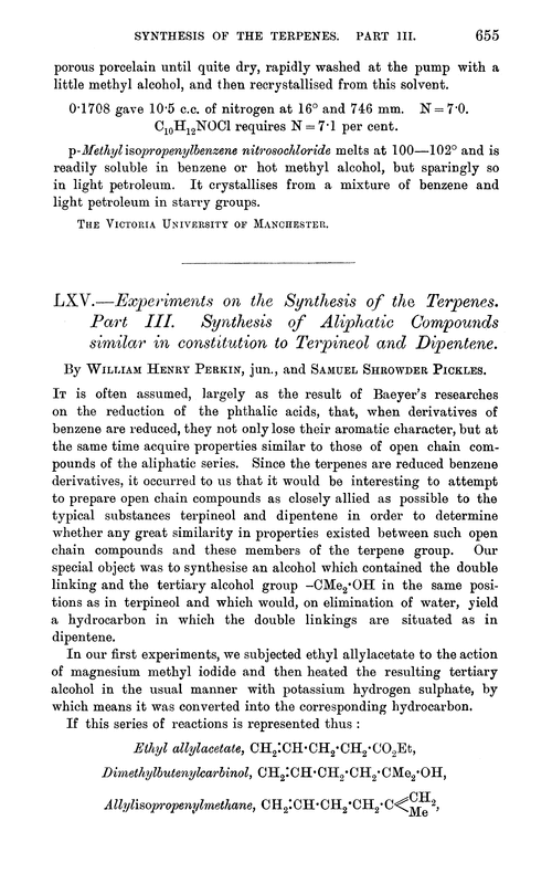 LXV.—Experiments on the synthesis of the terpenes. Part III. Synthesis of aliphatic compounds similar in constitution to terpineol and dipentene