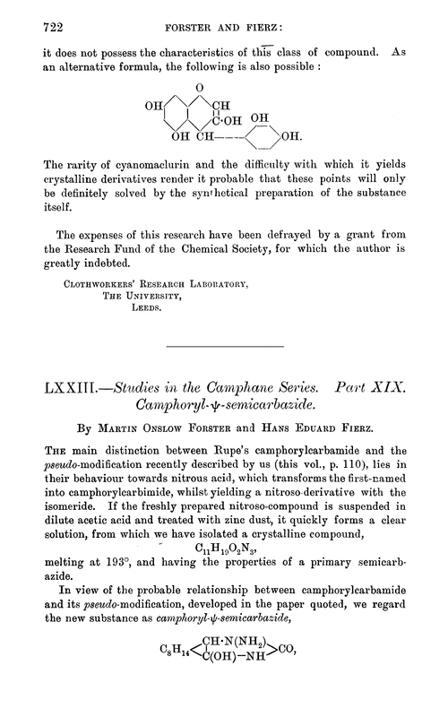 LXXIII.—Studies in the camphane series. Part XIX. Camphoryl-ψ-semicarbazide