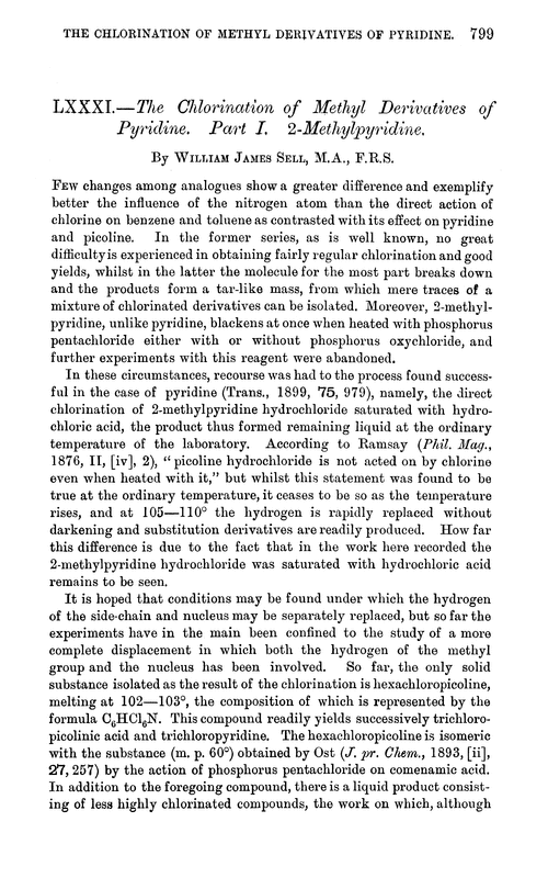 LXXXI.—The chlorination of methyl derivatives of pyridine. Part I. 2-Methylpyridine