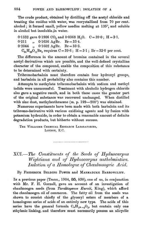 XCI.—The constituents of the seeds of Hydnocarpus Wightiana and of Hydnocarpus anthelmintica. Isolation of a homologue of chaulmoogric acid