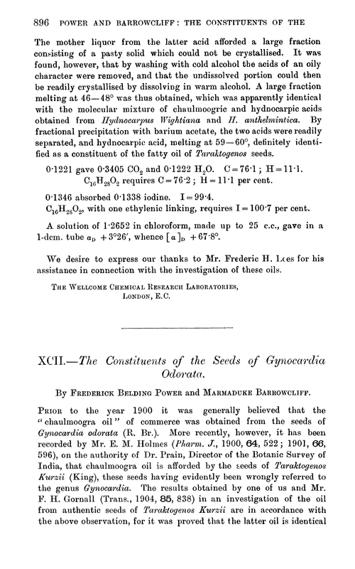 XCII.—The constituents of the seeds of Gynocardia odorata