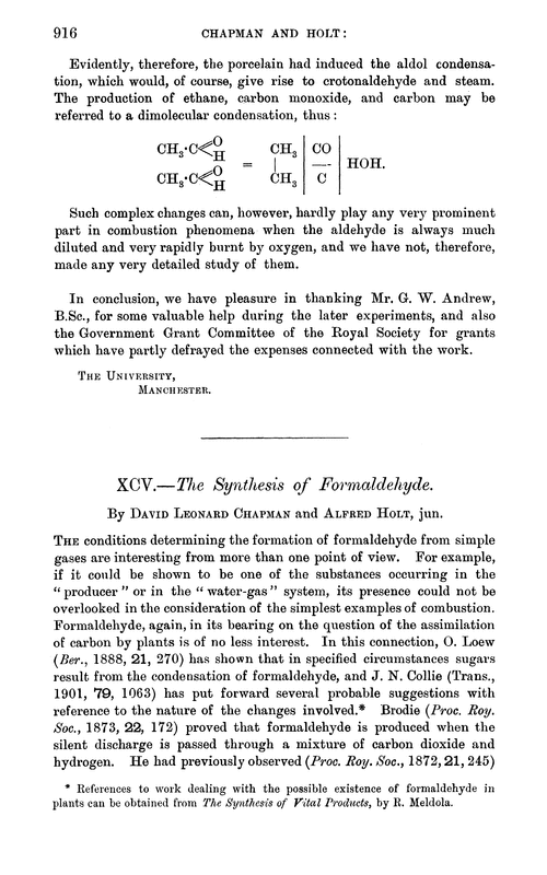 XCV.—The synthesis of formaldehyde