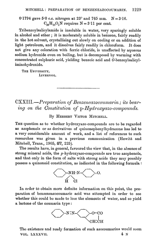 CXXIII.—Preparation of benzeneazocoumarin; its bearing on the constitution of p-hydroxyazo-compounds