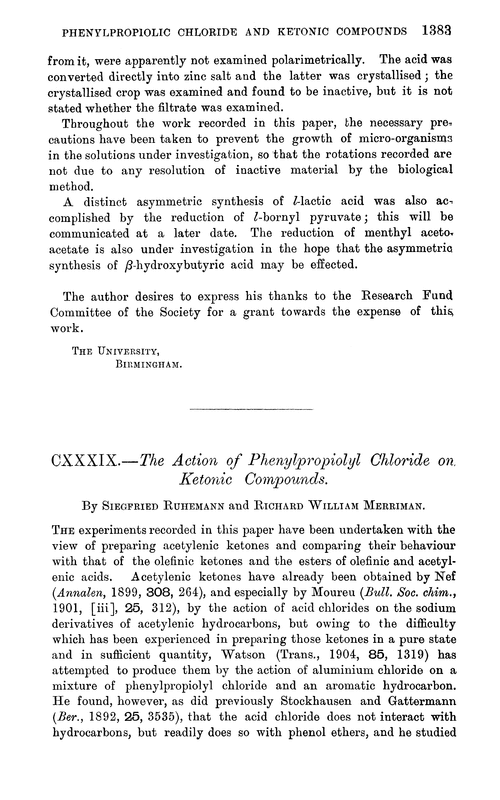 CXXXIX.—The action of phenylpropiolyl chloride on ketonic compounds