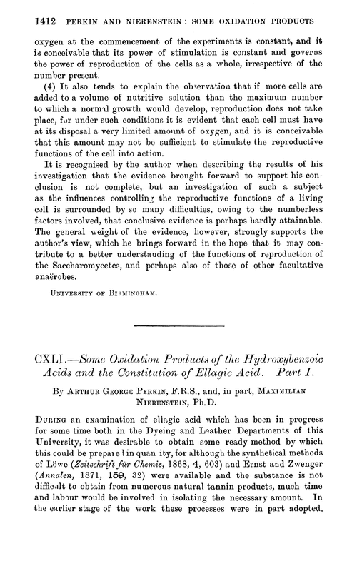 CXLI.—Some oxidation products of the hydroxybenzoic acids and the constitution of ellagic acid. Part I