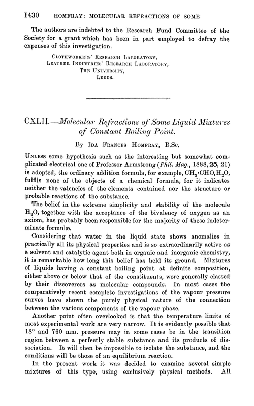 CXLII.—Molecular refractions of some liquid mixtures of constant boiling point