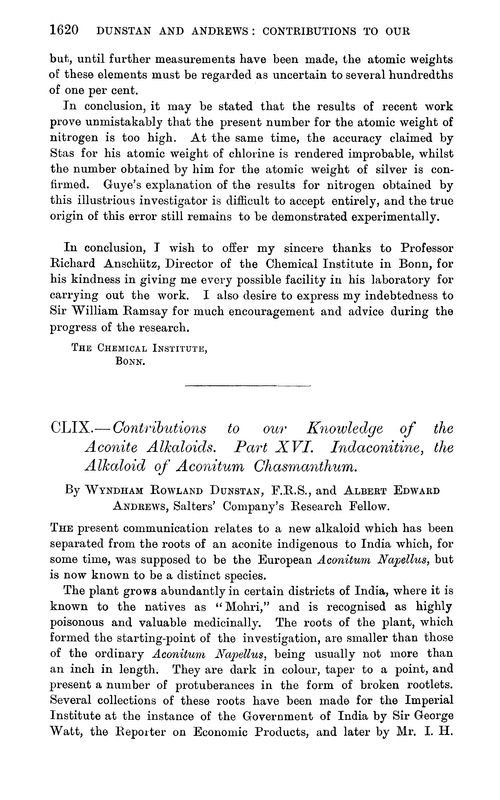 CLIX.—Contributions to our knowlegde of the aconite alkaloids. Part XVI. Indaconitine, the alkaloid of Aconitum chasmanthum