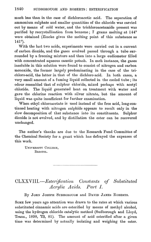 CLXXVIII.—Esterification constants of substituted acrylic acids. Part I