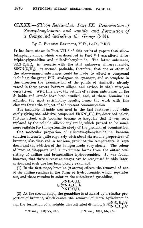 CLXXX.—Silicon researches. Part IX. Bromination of silicophenyl-imide and -amide, and formation of a compound including the group (SiN)