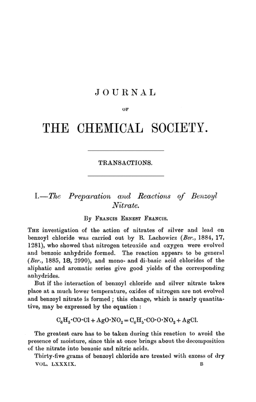 I.—The preparation and reactions of benzoyl nitrate