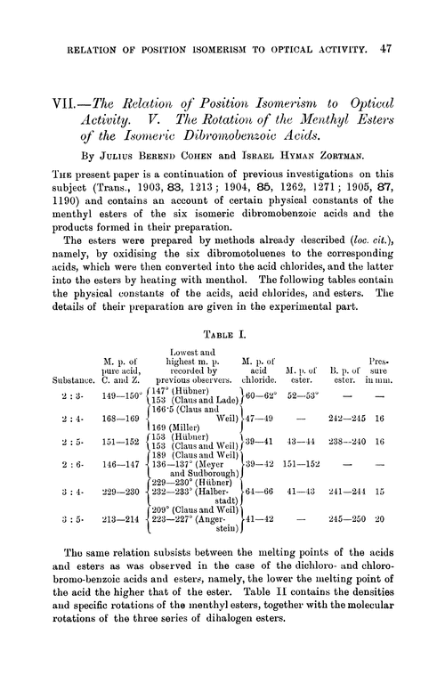 VII.—The relation of position isomerism to optical activity. V. The rotation of the menthyl esters of the isomeric dibromobenzoic acids