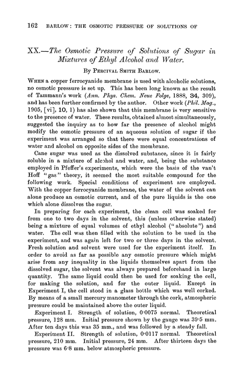 XX.—The osmotic pressure of solutions of sugar in mixtures of ethyl alcohol and water